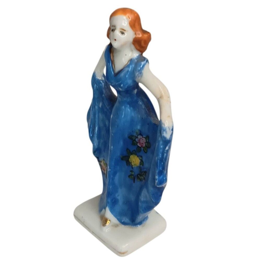VTG Miniature Occupied Japan Figurine Dancing Woman Blue Flowered Dress 3.75"